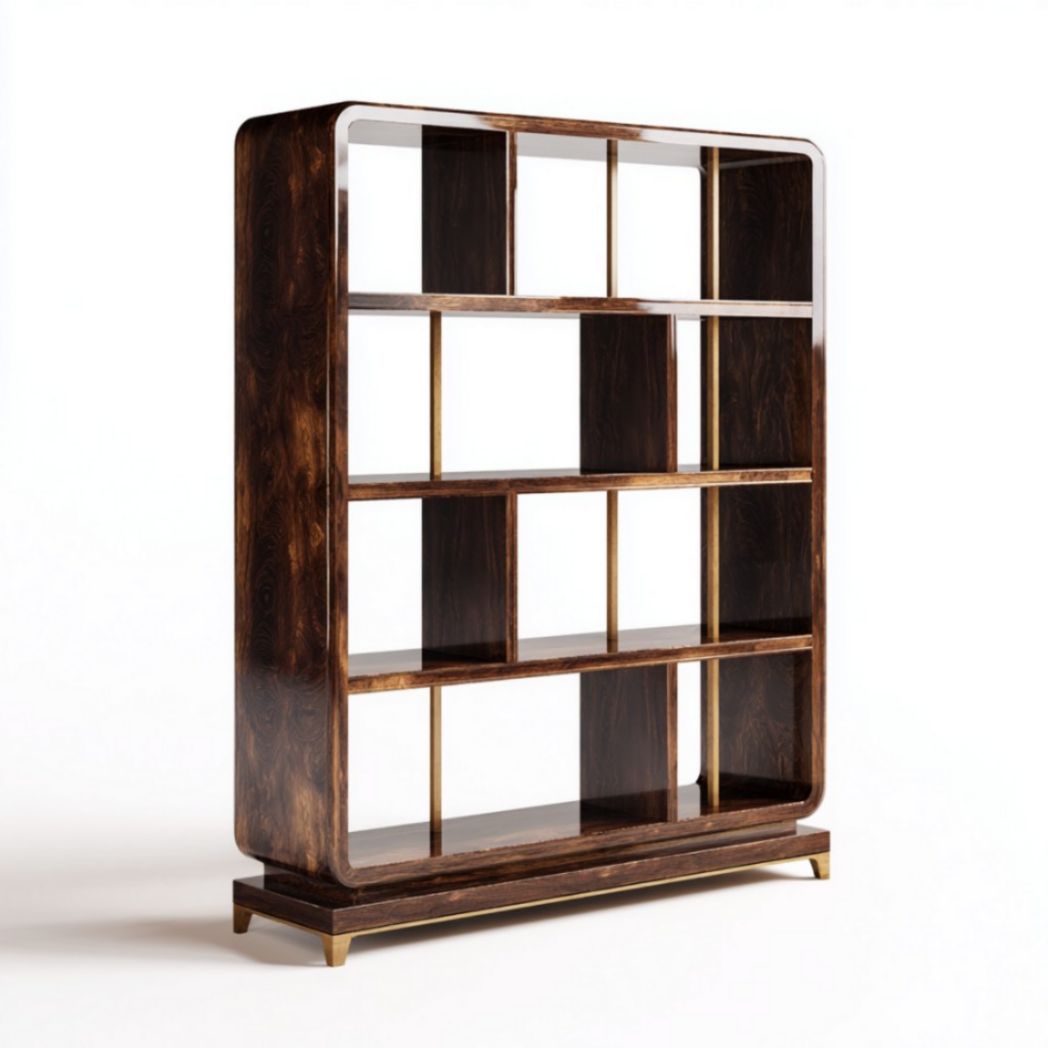 Libreria a giorno in legno di palissandro con divisori sfalsati e inserti in ottone