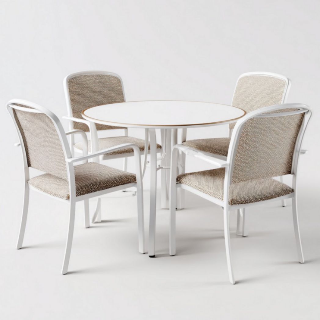 Set Tavolo Rotondo con 4 Sedie - Acciaio e Tessuto, Bianco e Beige