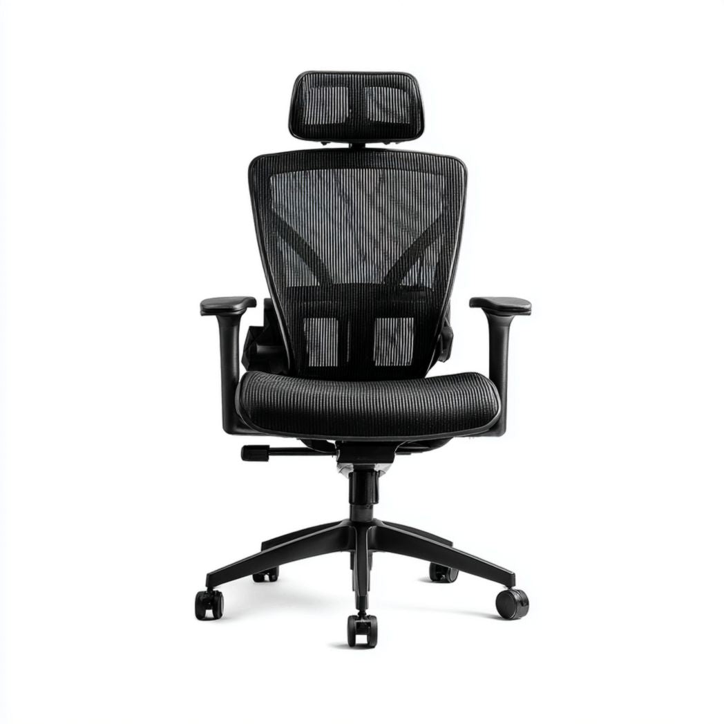 Sedia da Ufficio in Rete Nera con Poggiatesta e Base a Cinque Razze