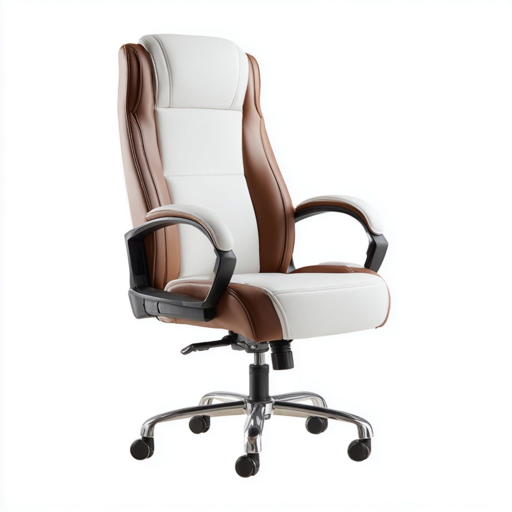 Poltrona da ufficio con seduta e schienale in pelle sintetica bianca e dettagli marroni