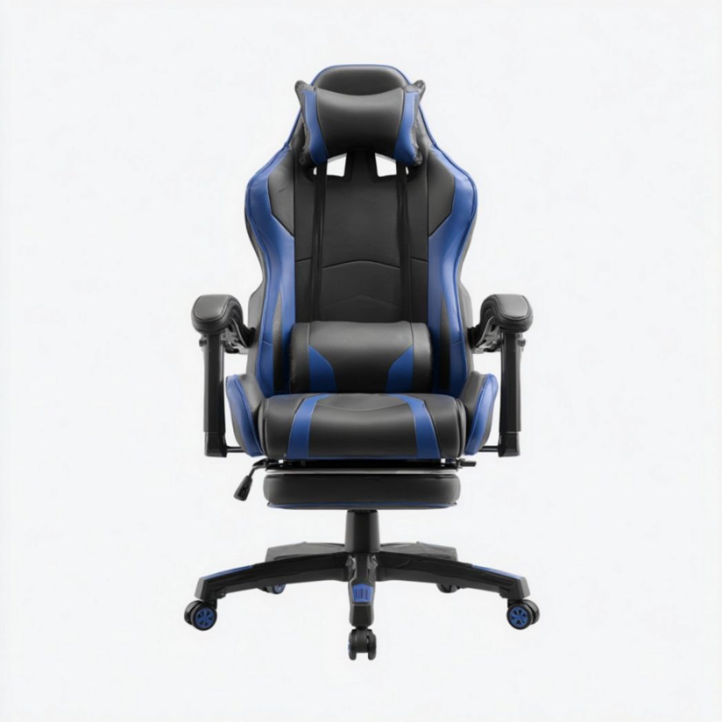 Sedia da gaming girevole in ecopelle nera e blu con poggiapiedi estraibile