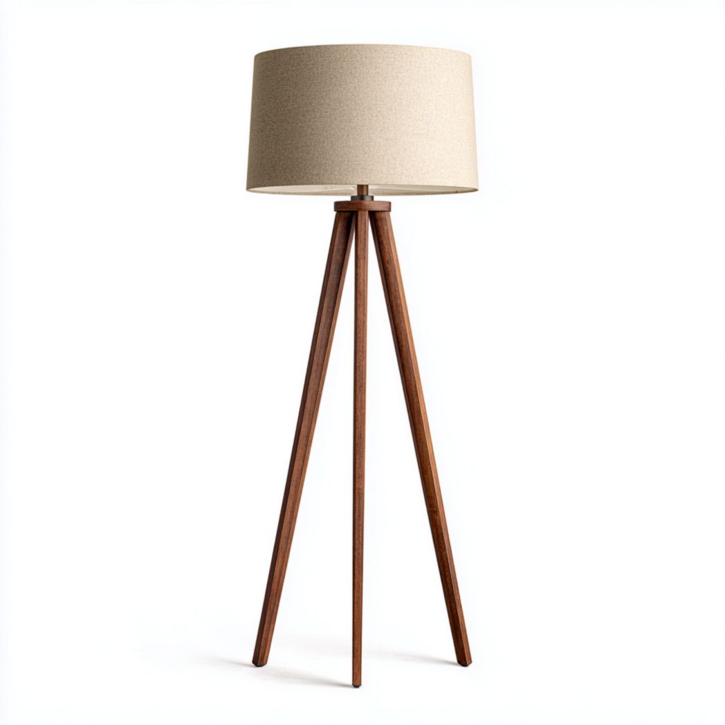 Lampada da Terra Tripode con Paralume Beige e Gambe in Legno