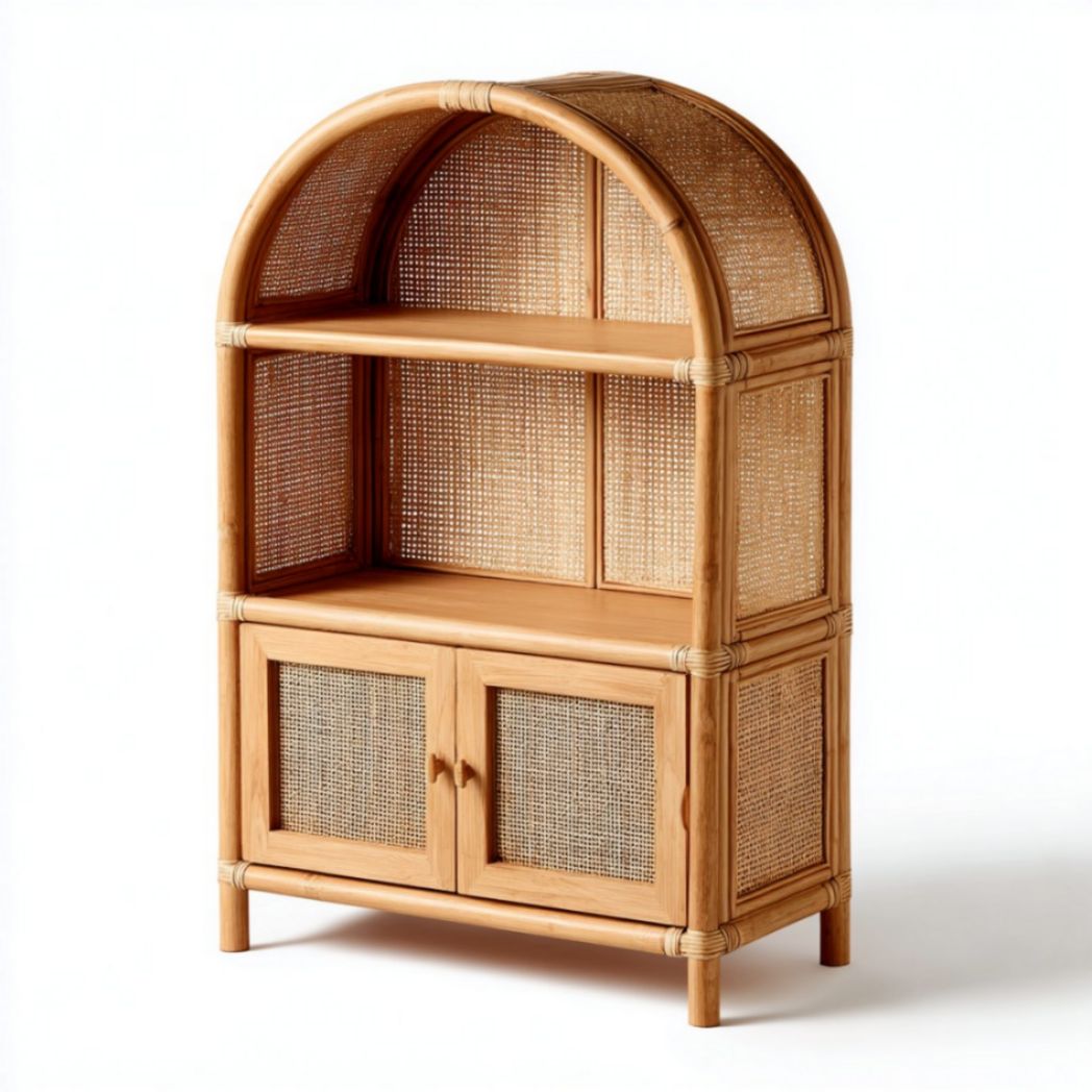 Mobile Buffet in Rattan e Bambù con Top ad Arco e 2 Ante in Paglia di Vienna