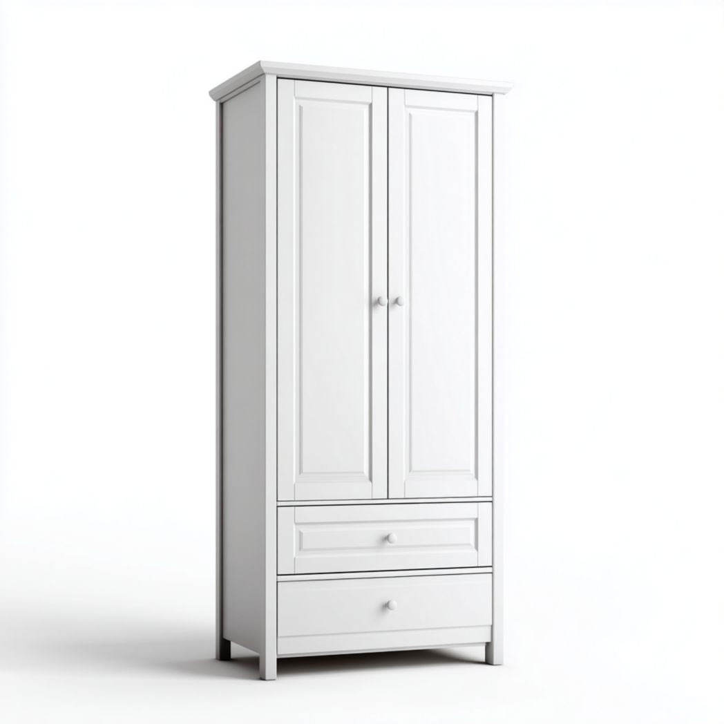 Armadio a 2 Ante con 2 Cassetti in Legno di Frassino Bianco