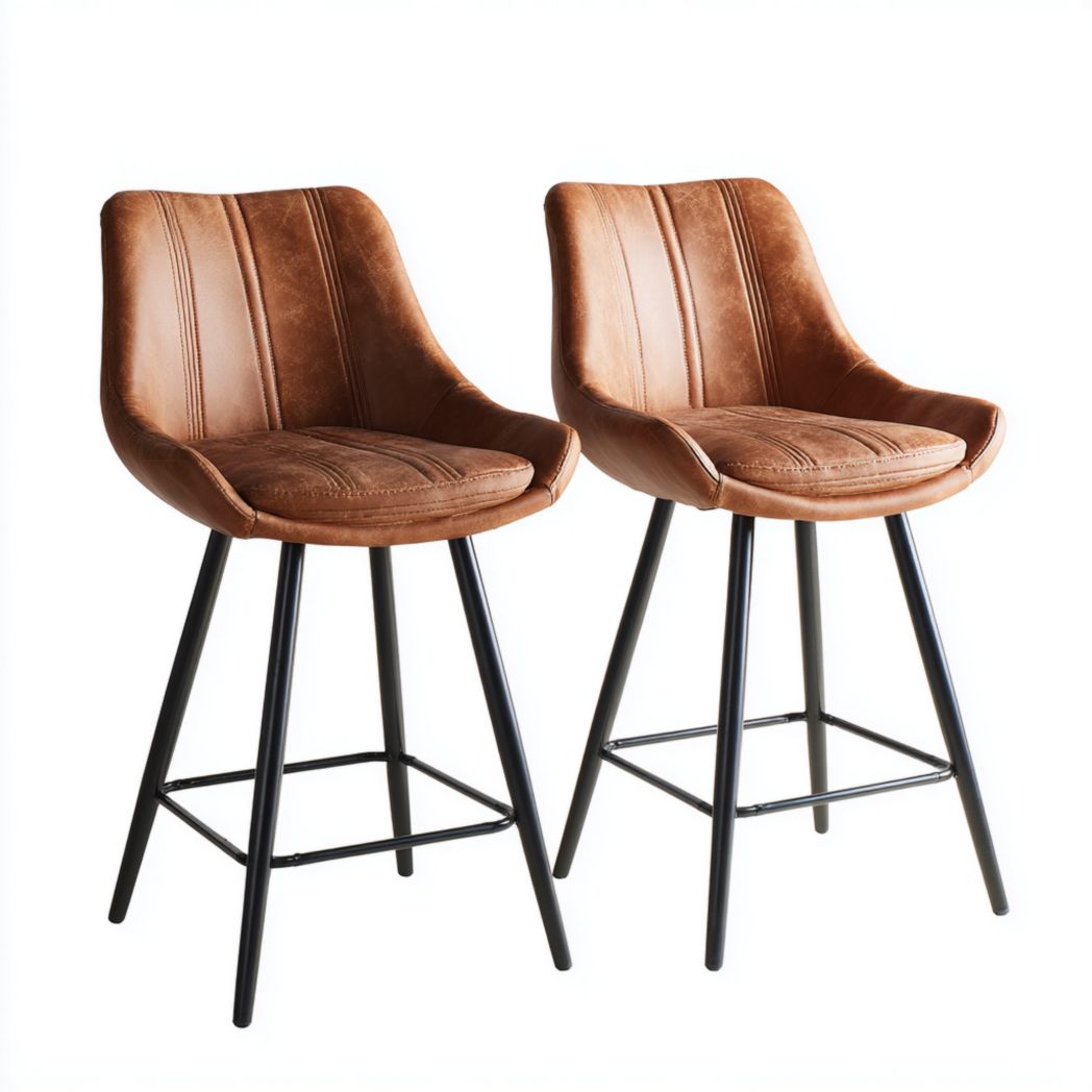 Set di 2 sgabelli alti con seduta marrone in ecopelle e gambe in acciaio nero