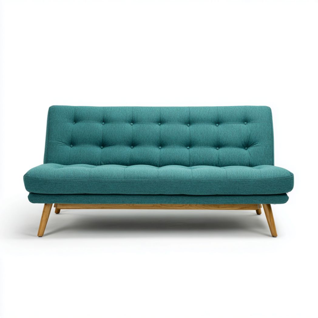 Divano a 3 posti in tessuto verde acqua con struttura in legno chiaro