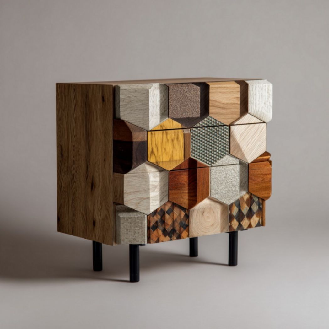 Comodino con frontali in legno misto e gambe in metallo